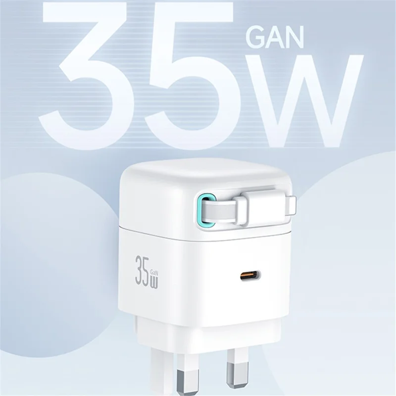 USAMS US-CC211 PD 35W Dual Output GaN Fast Charger with iP Magnetic Retractable Cable Module - Black / UK Plug