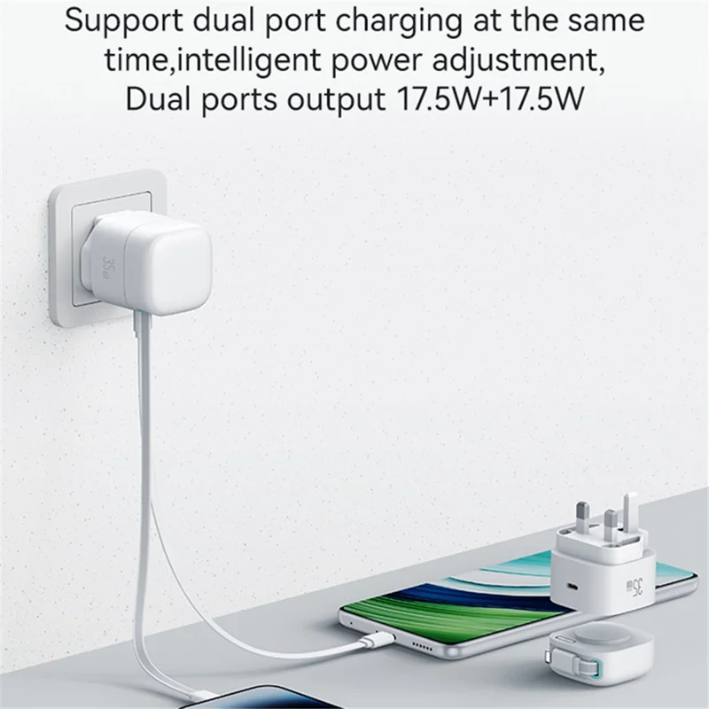 USAMS US-CC211 PD 35W Dual Output GaN Fast Charger with iP Magnetic Retractable Cable Module - Black / UK Plug