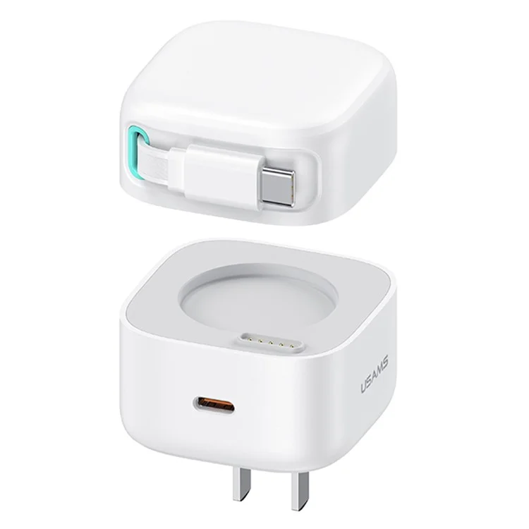 USAMS US-CC205 PD 35W GaN Fast Charger Dual USB-C Port Power Adapter with Magnetic Retractable Type-C Cable - Blanco / Enchufe Estándar Chino