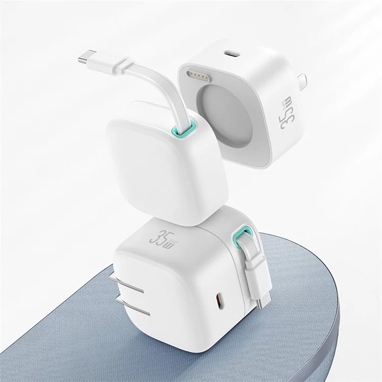 USAMS US-CC205 PD 35W GaN Fast Charger Dual USB-C Port Power Adapter with Magnetic Retractable Type-C Cable - Blanco / Enchufe Estándar Chino