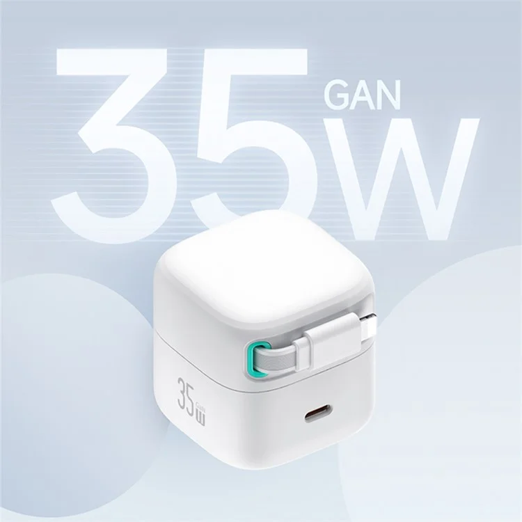 USAMS US-CC205 PD 35W GaN Fast Charger Dual USB-C Port Power Adapter with Magnetic Retractable Type-C Cable - Blanco / Enchufe Estándar Chino