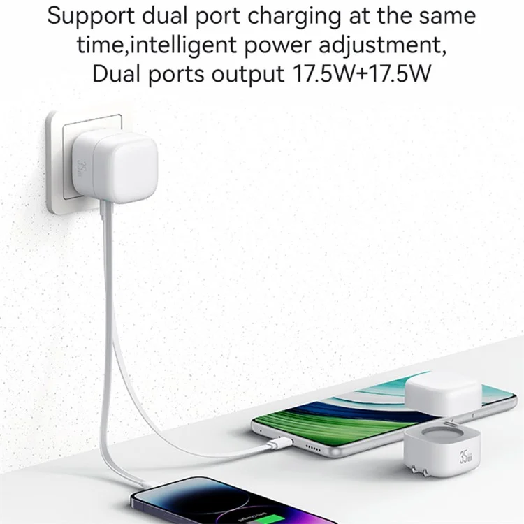 USAMS US-CC205 PD 35W GaN Fast Charger Dual USB-C Port Power Adapter with Magnetic Retractable Type-C Cable - Blanco / Enchufe Estándar Chino