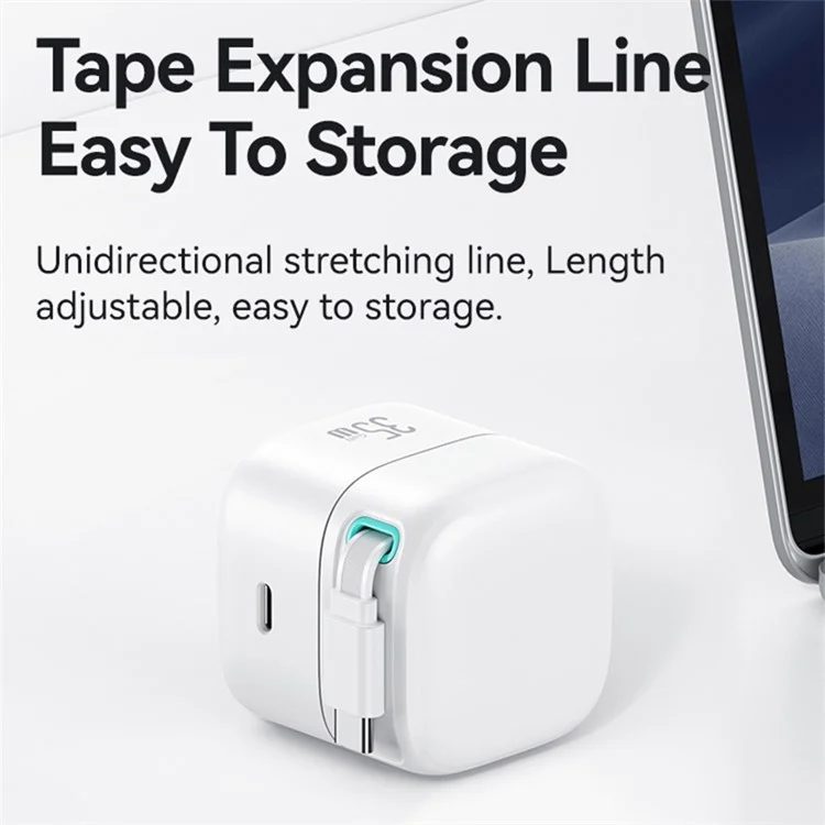 USAMS US-CC205 PD 35W GaN Fast Charger Dual USB-C Port Power Adapter with Magnetic Retractable Type-C Cable - Blanco / Enchufe Estándar Chino