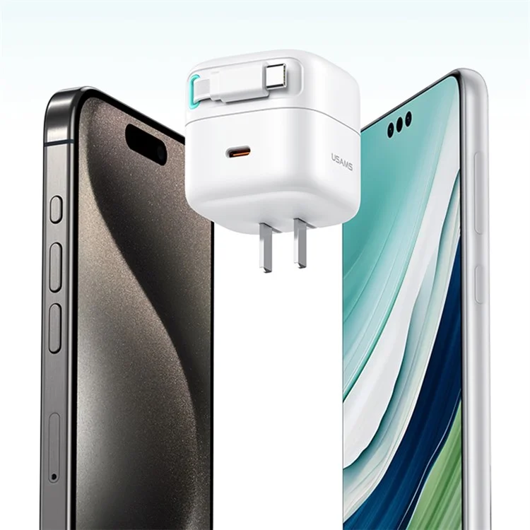 USAMS US-CC205 PD 35W GaN Fast Charger Dual USB-C Port Power Adapter with Magnetic Retractable Type-C Cable - Blanco / Enchufe Estándar Chino
