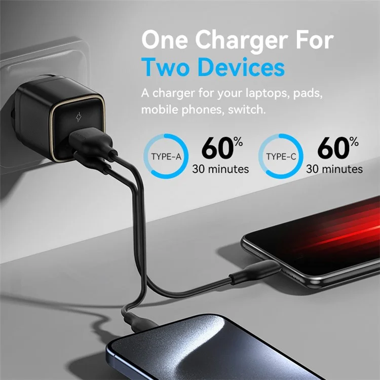 KUULAA KL-CD65 33W GaN 2-Port Fast Charger Mini USB-A+Type-C Wall Charger Adapter - Prise UK