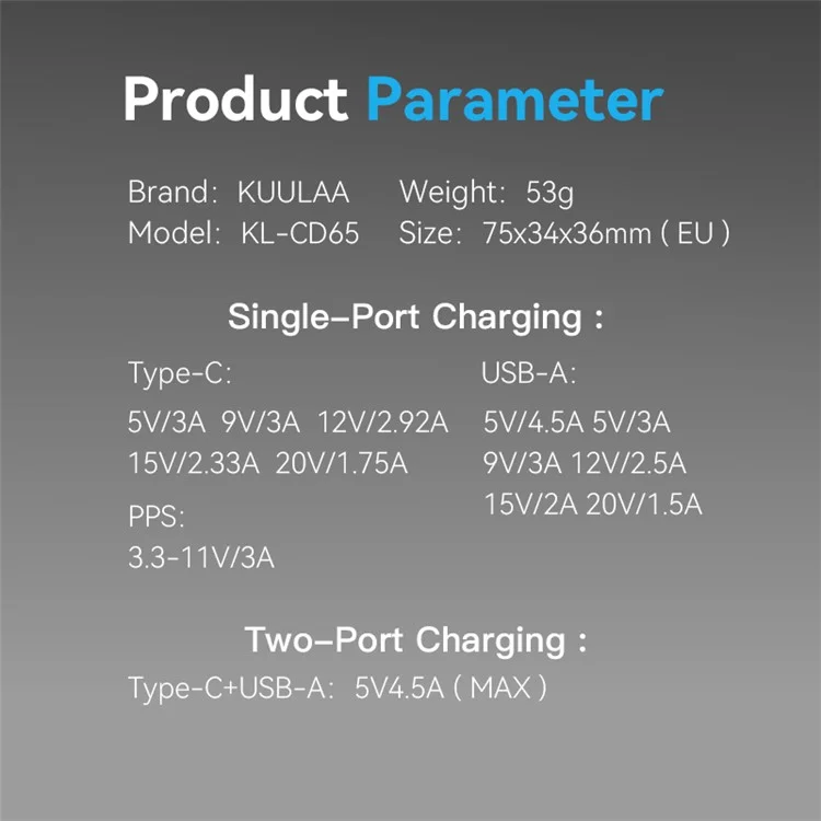KUULAA KL-CD65 33W GaN 2-Port Fast Charger Mini USB-A+Type-C Wall Charger Adapter - Prise UK
