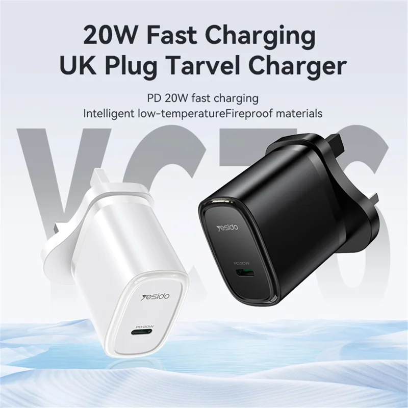 YESIDO UK Plug PD 20W Single Type-C Powerport Block Charger Compact Wall Charger - White