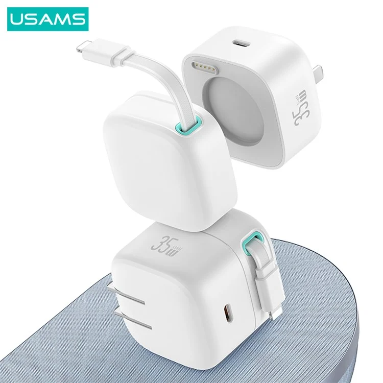 USAMS USAMS US-CC212 XMF Series PD 35W GaN Cargador Rápido Con Módulo de Cable Retráctil Magnético de 8 Pines, Enchufe CN CN - Blanco