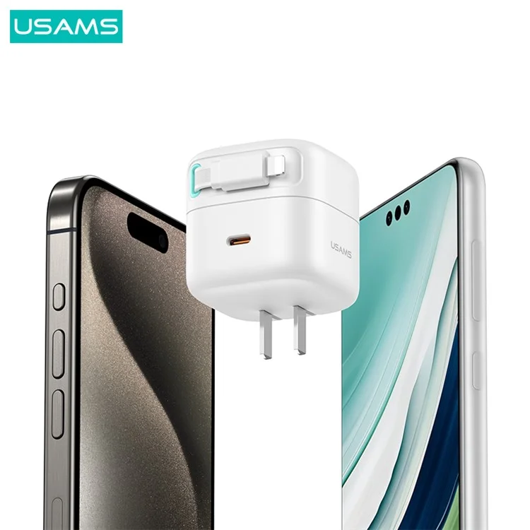 USAMS US-CC212 XMF Series PD 35W GaN Fast Charger mit 8-Pin magnetischem Rückzugskabel, CN-Stecker - Weiß