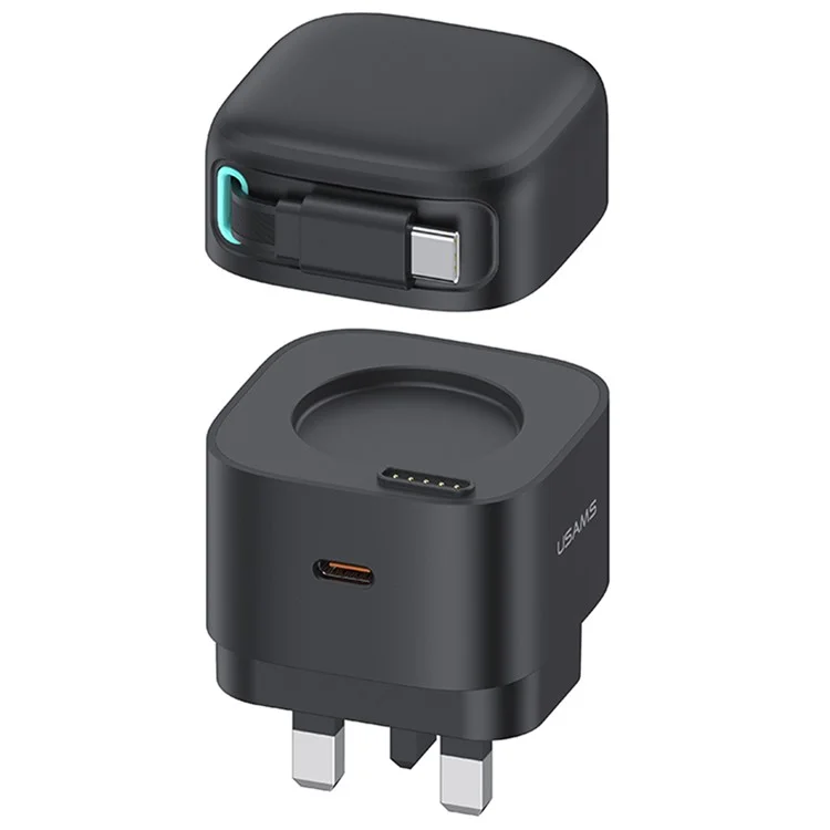 USAMS US-CC204 XMF Series PD 35W Dual Output GaN Fast Charger con cavo di ricarica retrattile magnetico di Tipo-C, spina UK - Nero