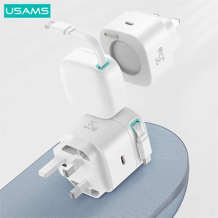 USAMS US-CC204 XMF Series PD 35W Dual Output GaN Fast Charger con cavo di ricarica retrattile magnetico di Tipo-C, spina UK - Nero
