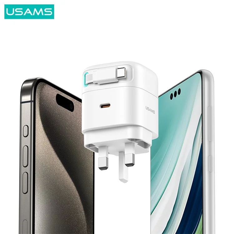 USAMS US-CC204 XMF Series PD 35W Dual Output GaN Fast Charger con cavo di ricarica retrattile magnetico di Tipo-C, spina UK - Nero