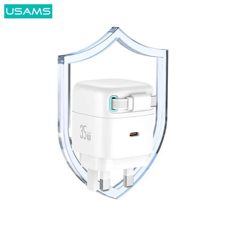 USAMS US-CC204 XMF Series PD 35W Dual Output GaN Fast Charger con cavo di ricarica retrattile magnetico di Tipo-C, spina UK - Nero
