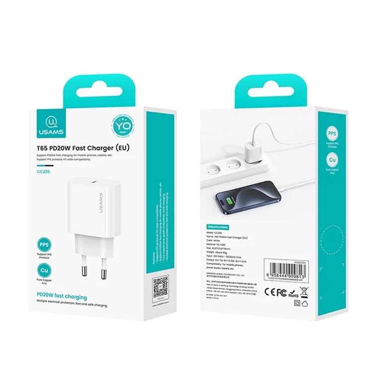 USAMS CC226 T65 PD 20W Fast Charger Power Adapter for iPhone 8-15, EU Plug
