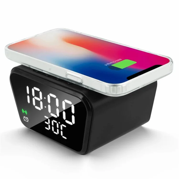 CPEF-127 Réveil Numérique sans Fil avec Chargeur Wireless 15W, Affichage de la Température pour la Chambre - Noir