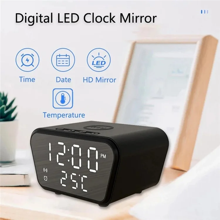 CPEF-127 Réveil Numérique sans Fil avec Chargeur Wireless 15W, Affichage de la Température pour la Chambre - Noir