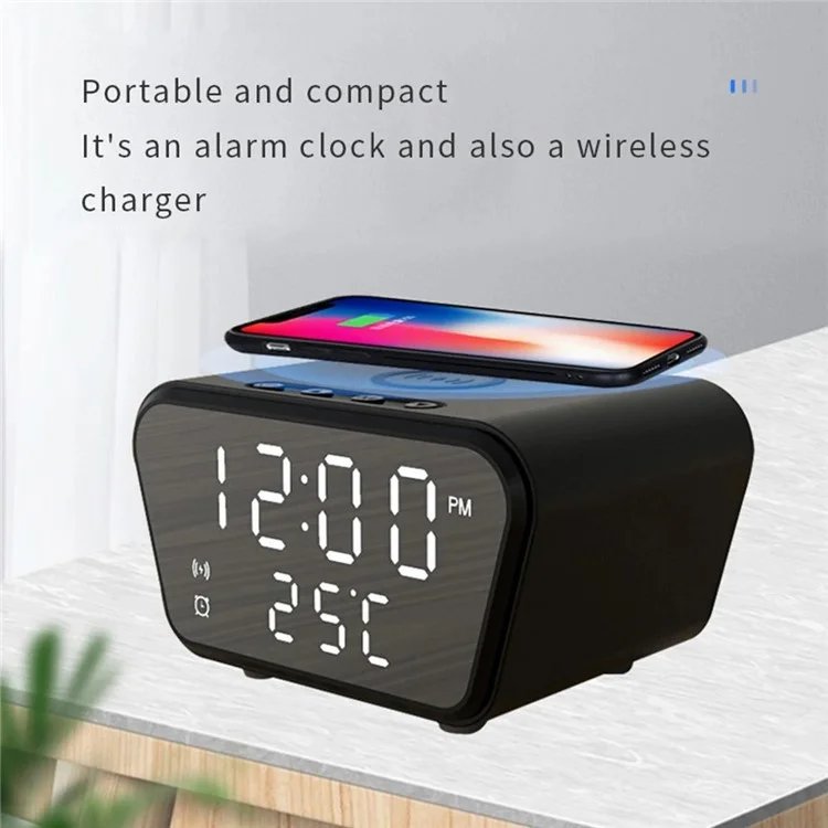 CPEF-127 Réveil Numérique sans Fil avec Chargeur Wireless 15W, Affichage de la Température pour la Chambre - Noir