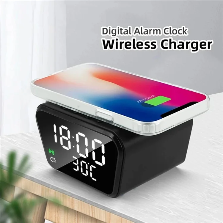 CPEF-127 Réveil Numérique sans Fil avec Chargeur Wireless 15W, Affichage de la Température pour la Chambre - Noir