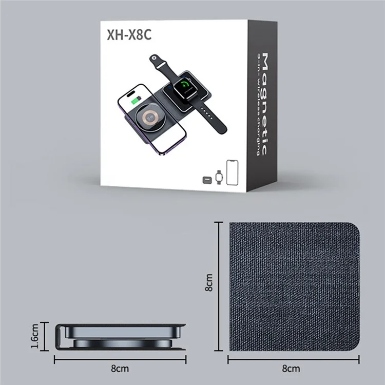 XH-X8C Cell Phone Magnetic Wireless Charger 3-in-1 15W Charging Pad, Tempered Glass Version, Without Stand