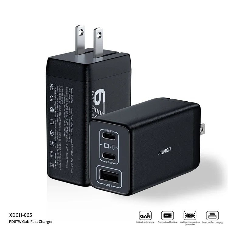 XUNDD XDCH-065 67W Fast Charging GaN Wall Charger USB-A+2xType-C Power Adapter - US Plug