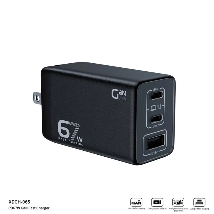 XUNDD XDCH-065 67W Cargo Rápido Cargador de Pared Gan Usb-a+2xtype-c Adaptador de Potencia - Enchufe de Ee. Uu.