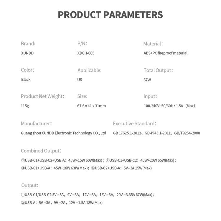 XUNDD XDCH-065 67W Cargo Rápido Cargador de Pared Gan Usb-a+2xtype-c Adaptador de Potencia - Enchufe de Ee. Uu.