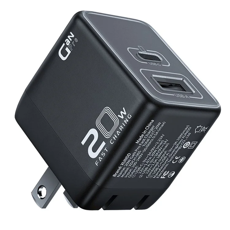 XUNDD XDCH-065 20W Fast Charging Block Type-C+USB-A GaN Power Adapter - Spina US