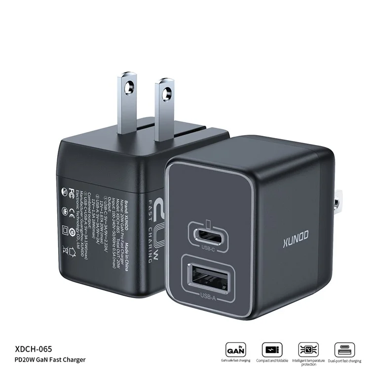 XUNDD XDCH-065 20W Fast Charging Block Type-C+USB-A GaN Power Adapter - Spina US
