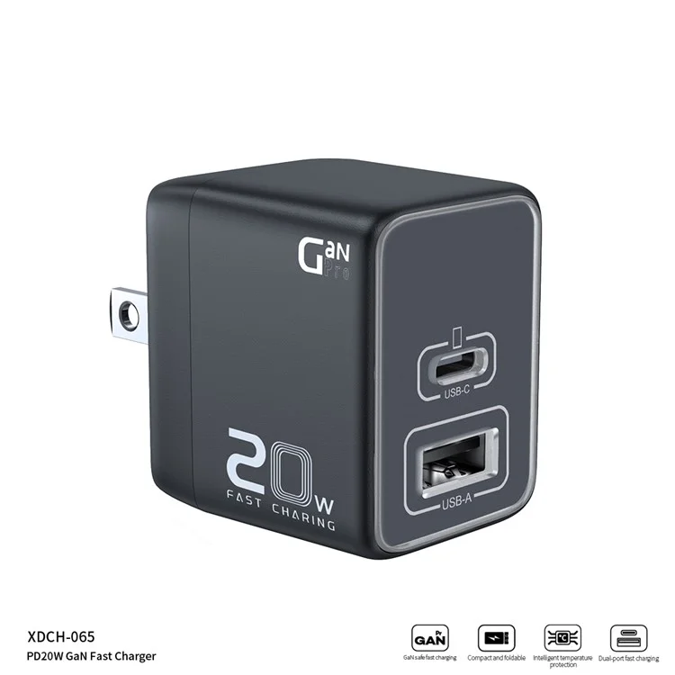 XUNDD XDCH-065 20W Fast Charging Block Type-C+USB-A GaN Power Adapter - Spina US