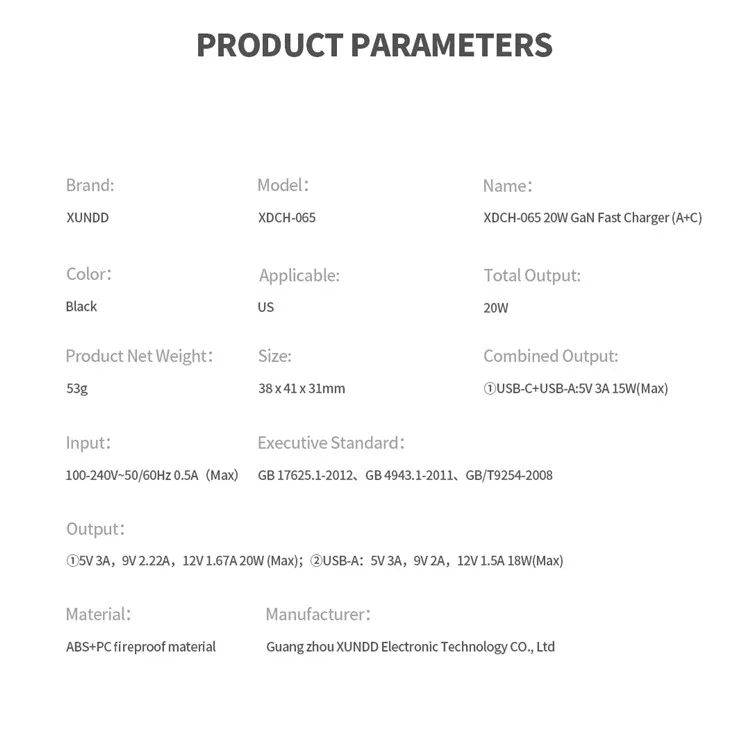 Xundd XDCH-065 20W Schnellladeblocktyp-c+usb-a Gan-stromadapter - US -stecker