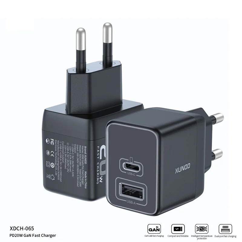 XUNDD XDCH-065 20W Fast Charging Block Type-C+USB-A GaN Power Adapter - EU Plug