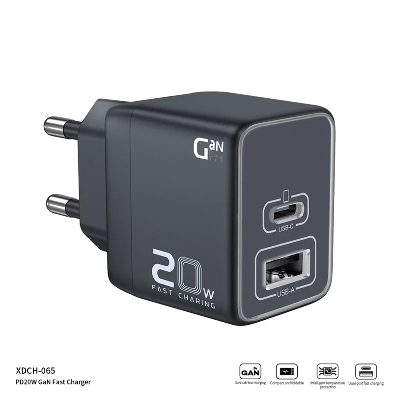 XUNDD XDCH-065 20W Fast Charging Block Type-C+USB-A GaN Power Adapter - EU Plug