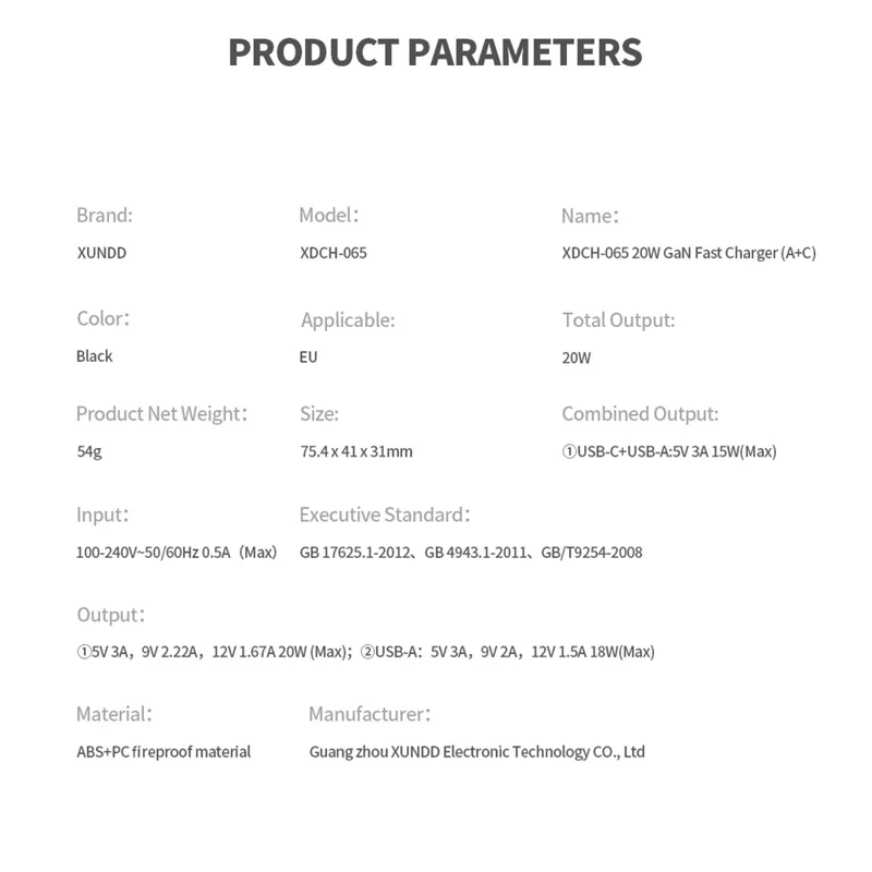 XUNDD XDCH-065 20W Fast Charging Block Type-C+USB-A GaN Power Adapter - EU Plug