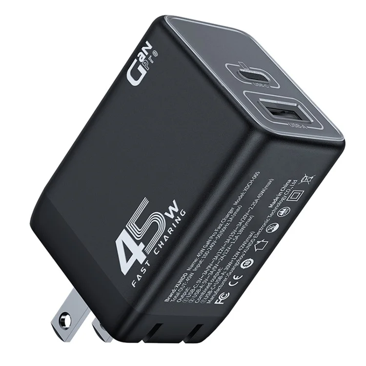 XUNDD XDCH-065 GaN Power Adapter Type-C+USB-A Dual Port 45W Fast Charging Block - US Plug