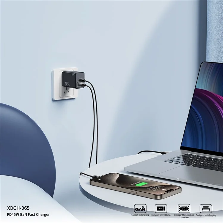 XUNDD XDCH-065 GaN Power Adapter Type-C+USB-A Dual Port 45W Fast Charging Block - Prise US
