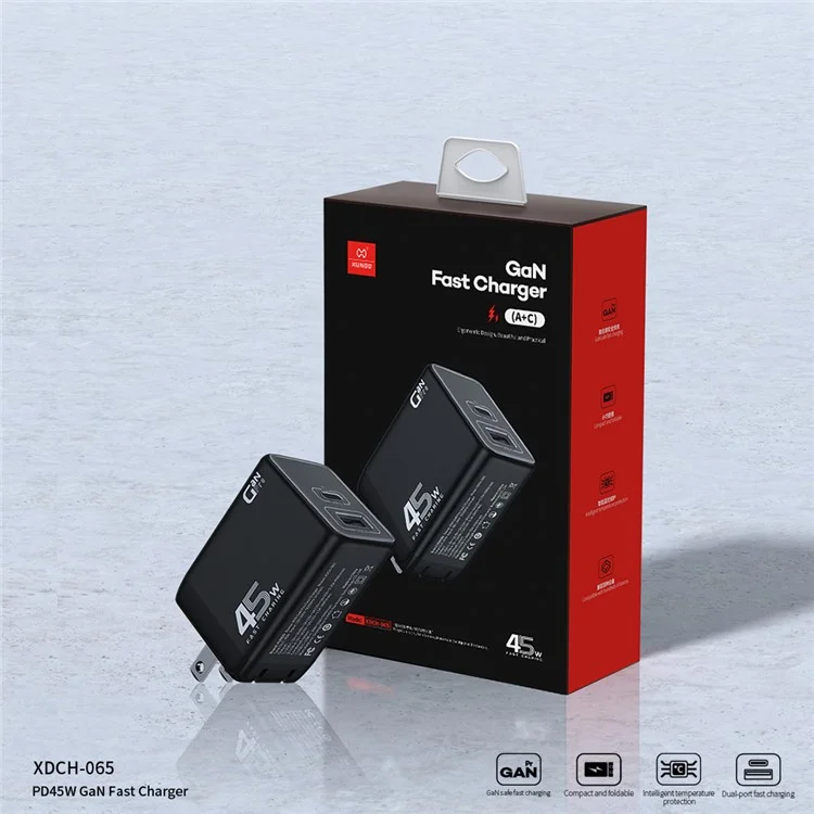 XUNDD XDCH-065 GaN Power Adapter Type-C+USB-A Dual Port 45W Fast Charging Block - Prise US