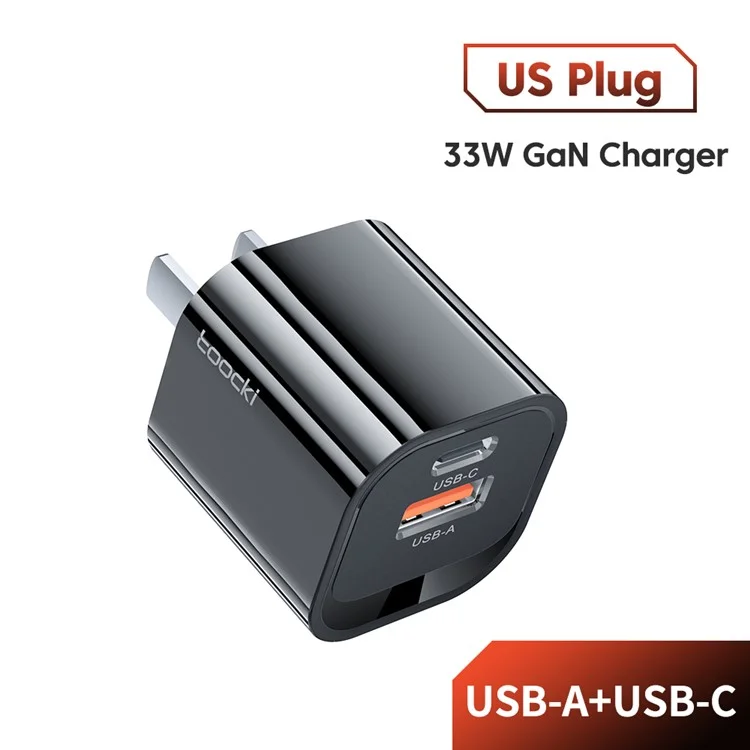 Toocki USB-A + Typ-c Dual-ports PD 33W Fast Ladegerät Tragbarer Gan-stromadapter - Schwarz / US -stecker