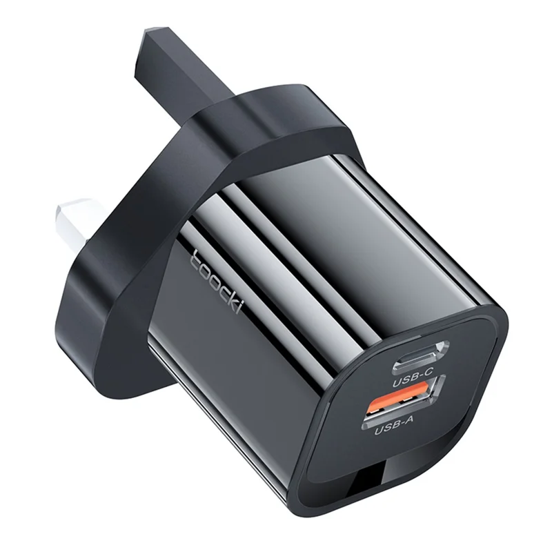 TOOCKI USB-A + Type-C Dual Ports PD 33W Fast Charger Portable GaN Power Adapter - Black / UK Plug