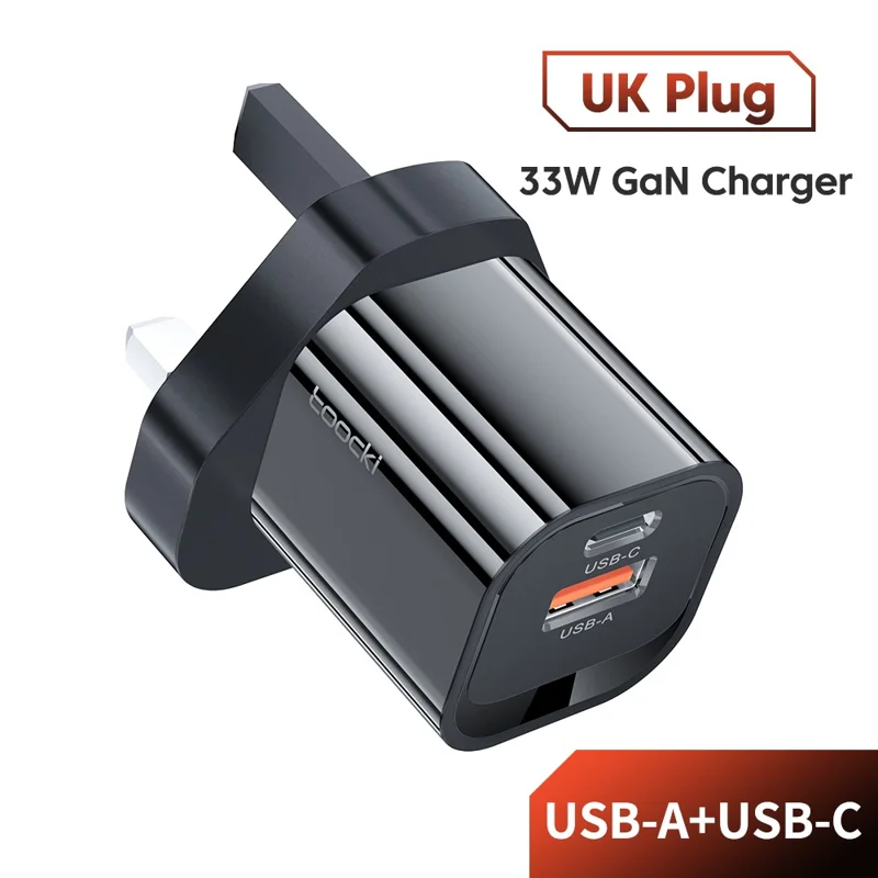 TOOCKI USB-A + Type-C Dual Ports PD 33W Fast Charger Portable GaN Power Adapter - Black / UK Plug