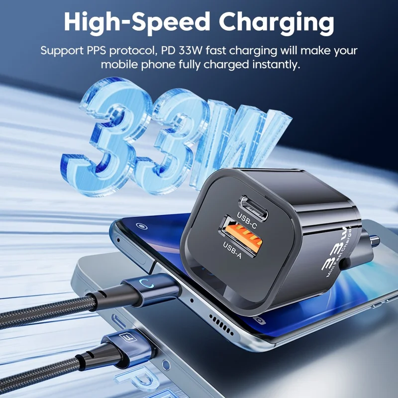 TOOCKI USB-A + Type-C Dual Ports PD 33W Fast Charger Portable GaN Power Adapter - Black / UK Plug