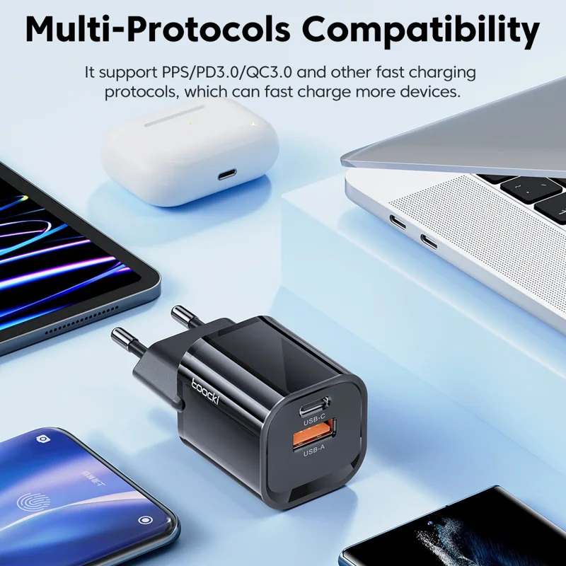 TOOCKI USB-A + Type-C Dual Ports PD 33W Fast Charger Portable GaN Power Adapter - Black / UK Plug
