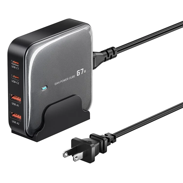 Toocki 2 Tipo-c + 2 USB-A PD 67W Cargador de Carga Rápida Cargador de Escritorio GaN - Negro / Enchufe de Ee. Uu.