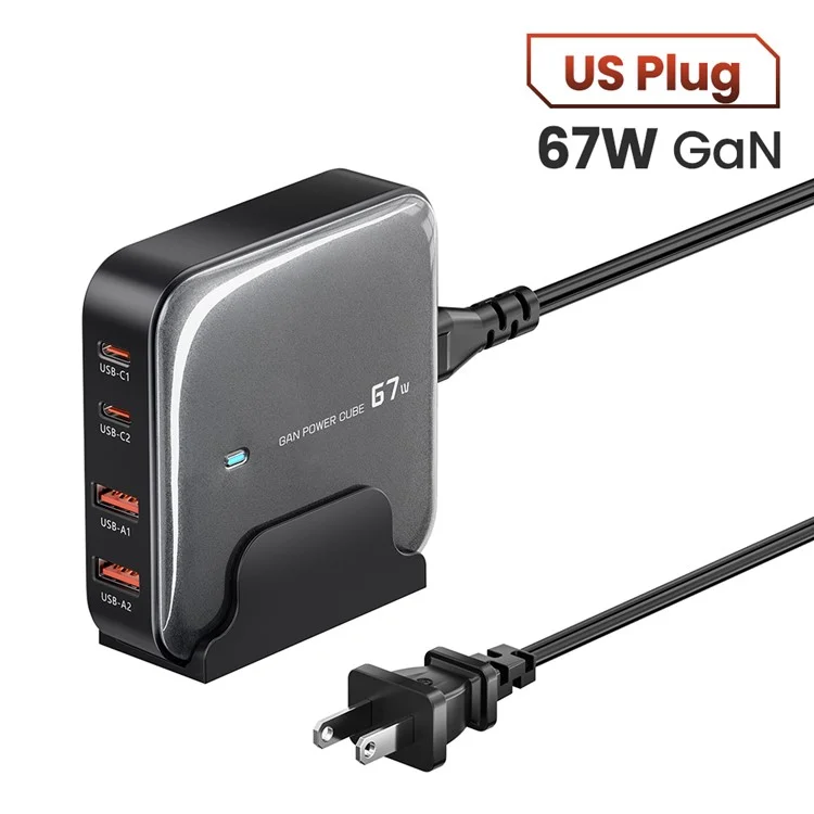 TOOCKI 2 Type-c + 2 USB-A PD 67W Adaptateur de Charge Rapide Charger de Bureau Gan - Noir / Plug