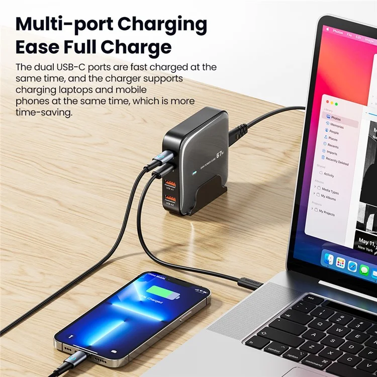 TOOCKI 2 Type-C + 2 USB-A Adaptateur de charge rapide PD 67W GaN de bureau - Noir / Prise US