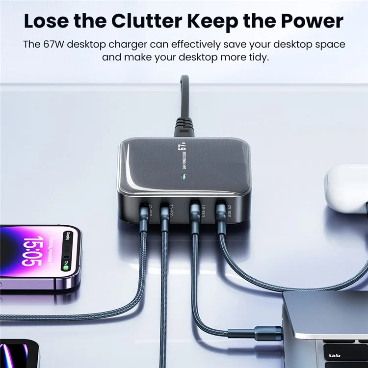 TOOCKI 2 Type-C + 2 USB-A Adaptateur de charge rapide PD 67W GaN de bureau - Noir / Prise US