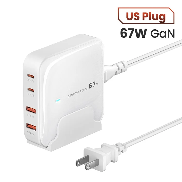 TOOCKI 2 Type-C + 2 USB-A PD 67W Fast Charging Adapter GaN Desktop Charger - White / US Plug