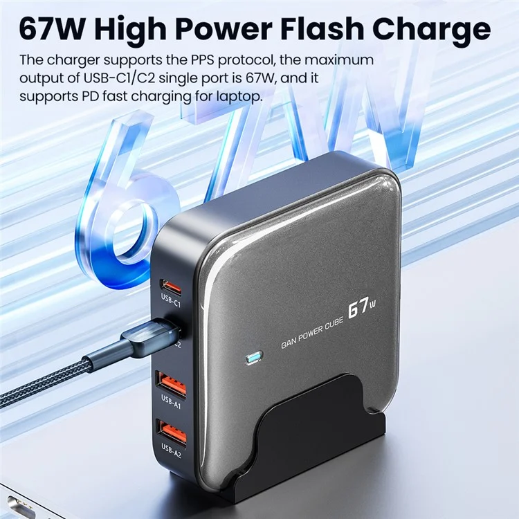 TOOCKI 2 Type-C + 2 USB-A PD 67W Fast Charging Adapter GaN Desktop Charger - White / US Plug