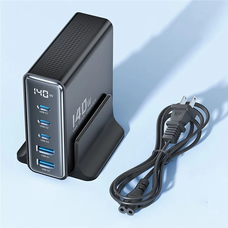 Toocki TCT140-22 140W Gan Ladestation Travel Desktop Ladegerät, 3 Typ-c+2 USB-A - Schwarz / US -stecker