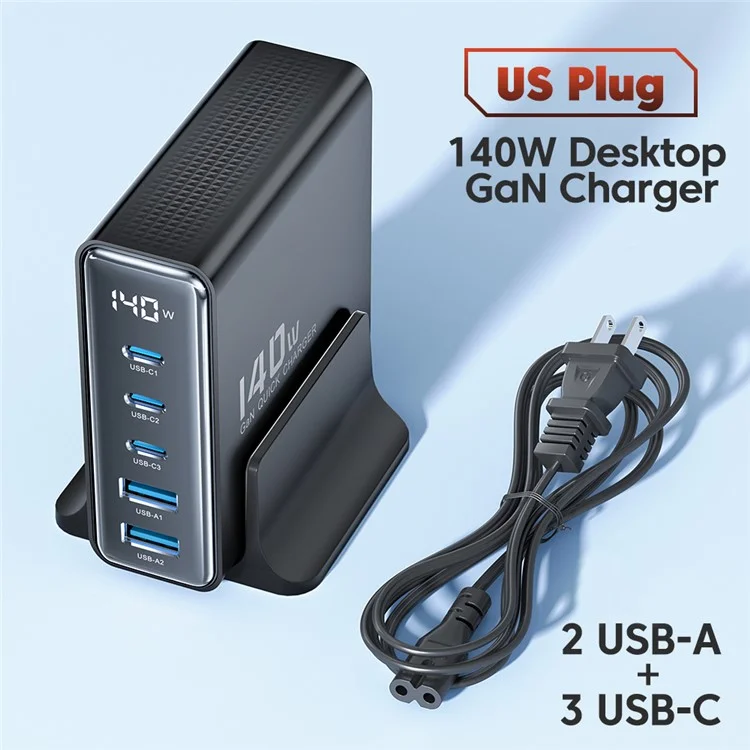 Toocki TCT140-22 140W Gan Ladestation Travel Desktop Ladegerät, 3 Typ-c+2 USB-A - Schwarz / US -stecker