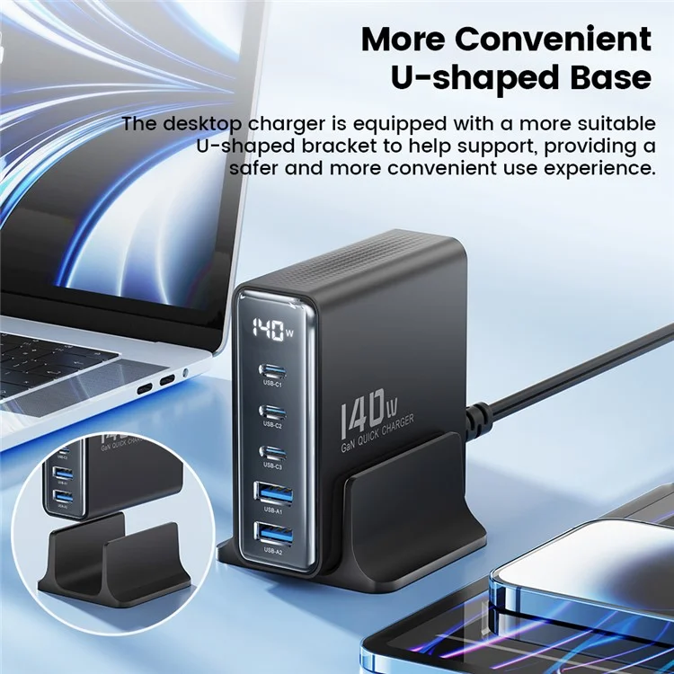 TOOCKI  TCT140-22 140W GaN Charging Station Travel Desktop Charger, 3 Type-C+2 USB-A - Black / US Plug